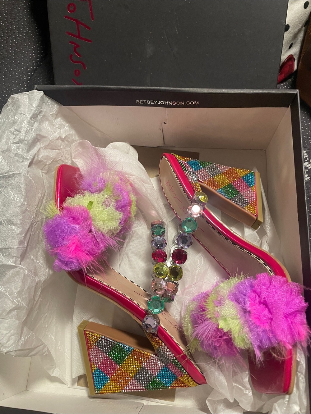 Betsey Johnson Pink Multicolor Gem & Pom Wedge Sandals